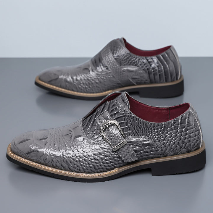 Glossy gray loafers with black sole, tan edge stitch, silver buckle and crocodile pattern upper. (photo 5)