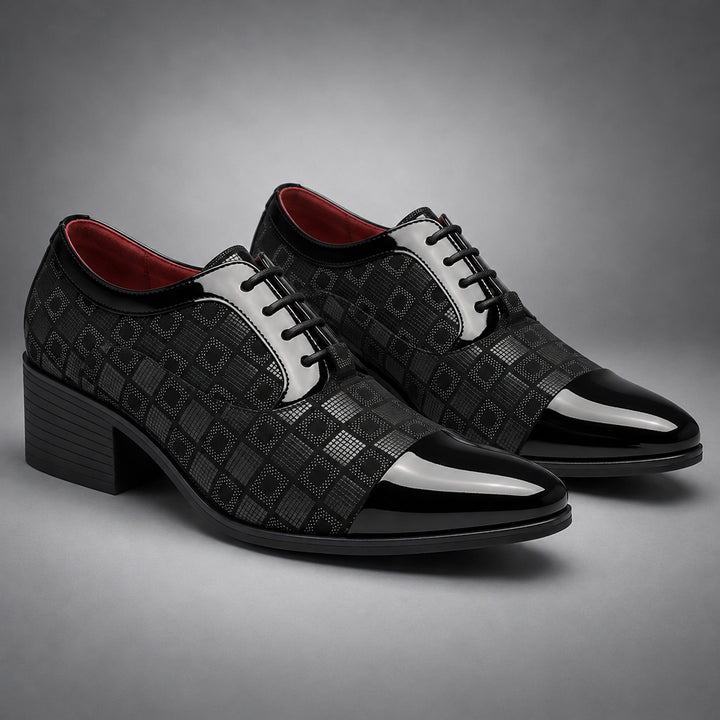 Glossy black oxfords with a black sole.
