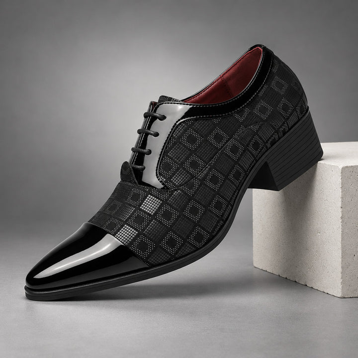 Glossy black oxfords with a black sole. (plinth)