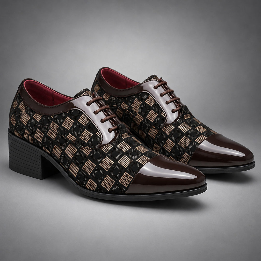 Glossy dark brown and beige checkerboard oxfords with a black sole.