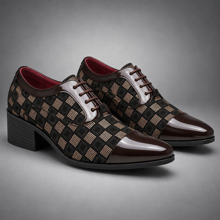 Glossy dark brown and beige checkerboard oxfords with a black sole.