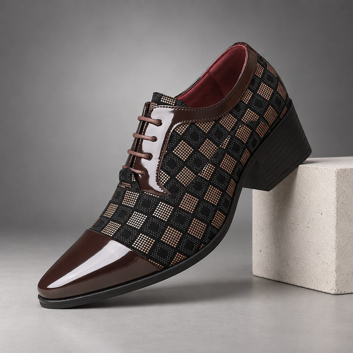 Glossy dark brown and beige checkerboard oxfords with a black sole. (plinth)