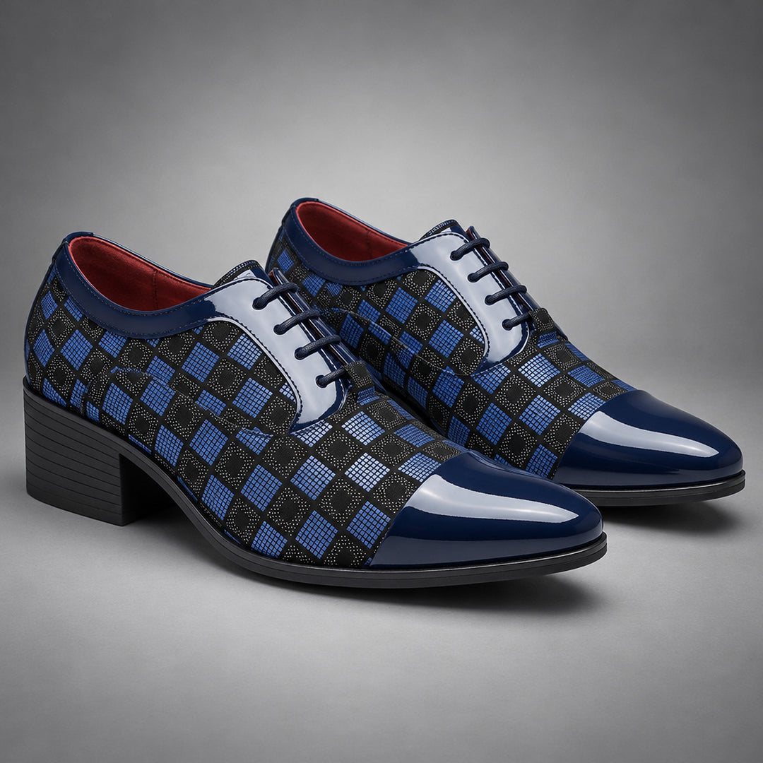 Glossy navy blue and black checkerboard oxfords with a black sole.
