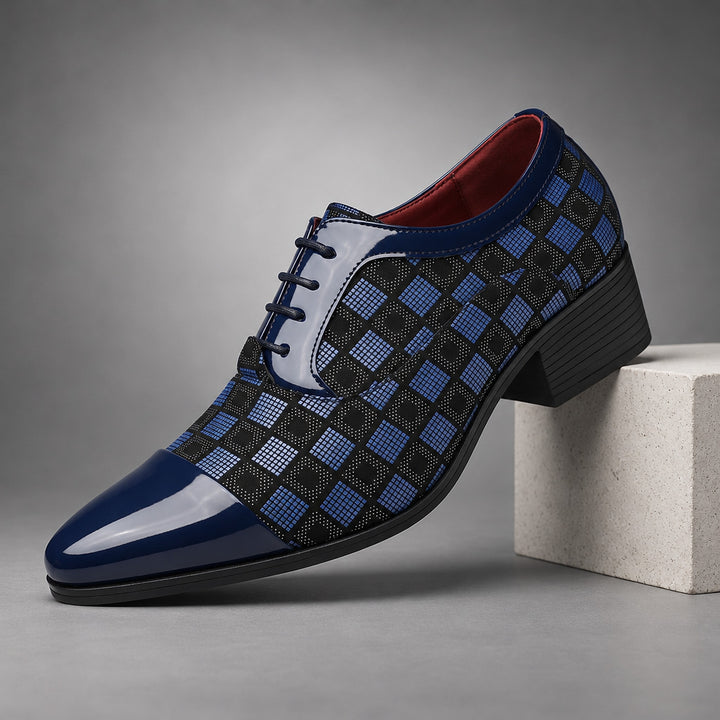 Glossy navy blue and black checkerboard oxfords with a black sole. (plinth)