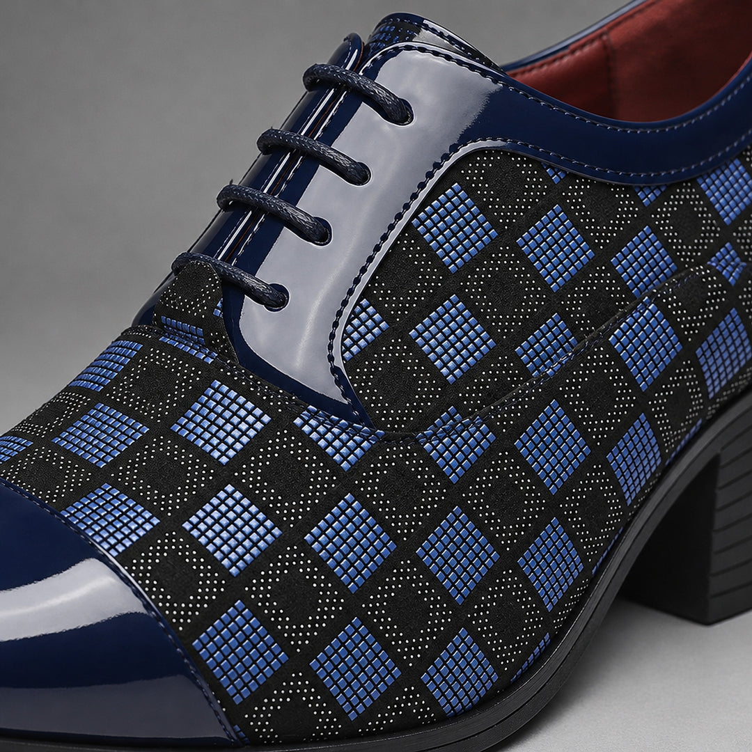 Glossy navy blue and black checkerboard oxfords with a black sole. (detail macro)