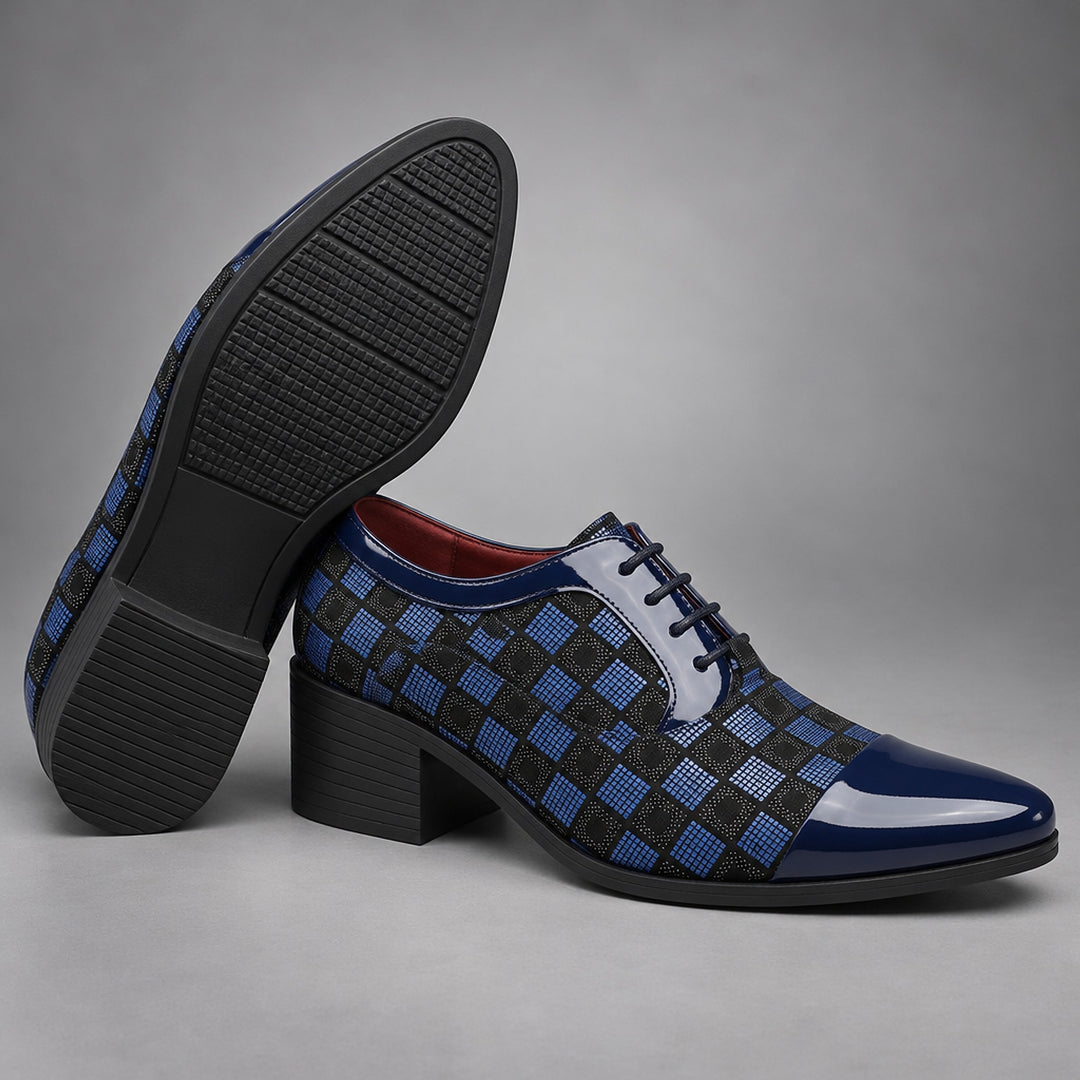 Glossy navy blue and black checkerboard oxfords with a black sole. (sole)
