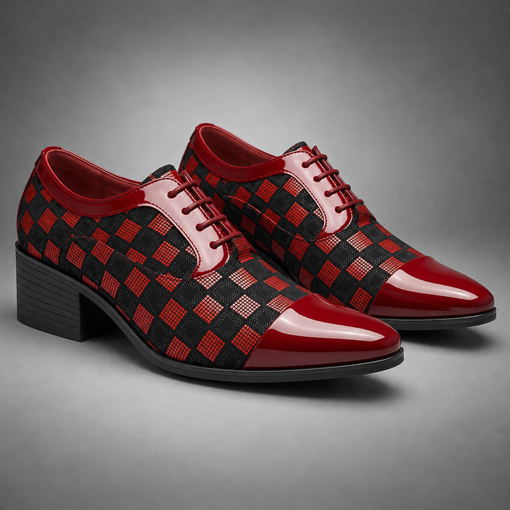 Glossy red and black checkerboard oxfords with a black sole.