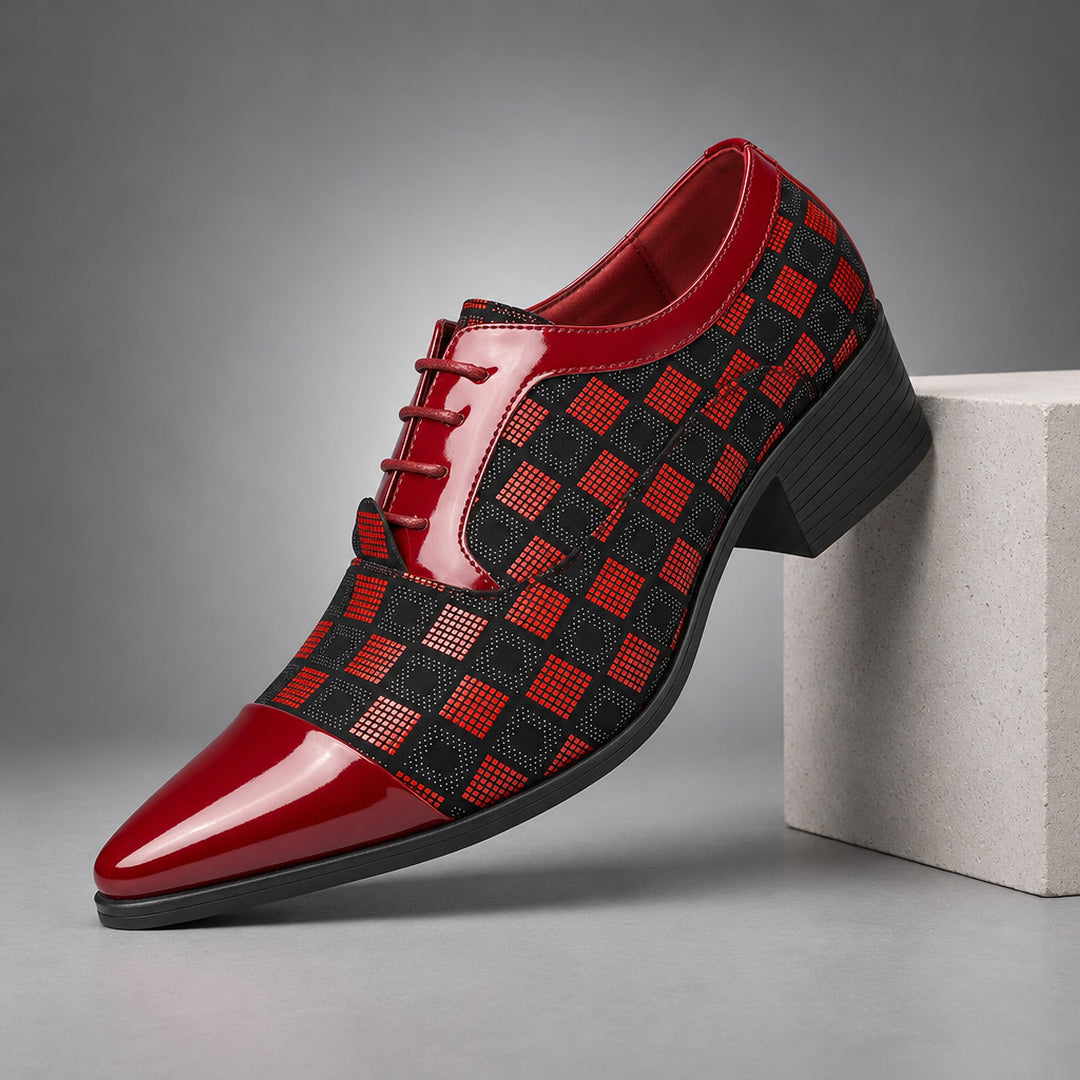 Glossy red and black checkerboard oxfords with a black sole. (plinth)