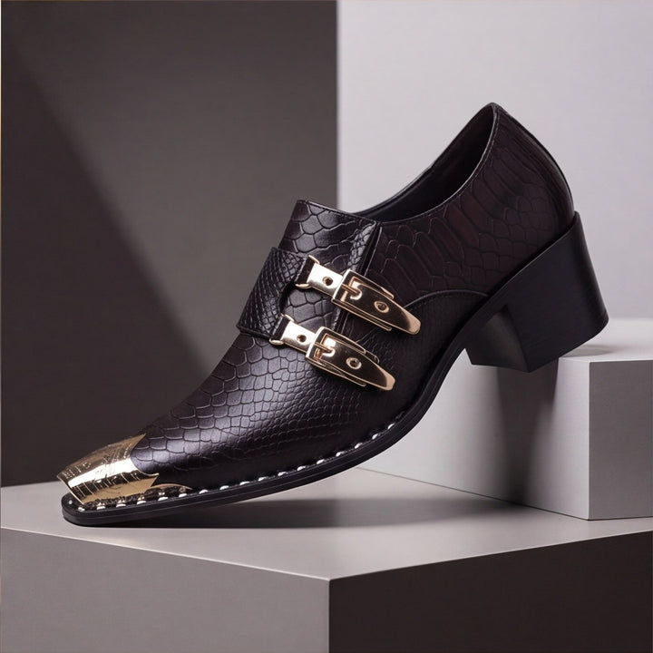 Black loafers with a glossy embossed reptile pattern and gold metal pointed toe cap. (photo 2)