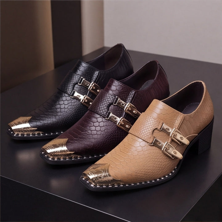 Black loafers with a glossy embossed reptile pattern and gold metal pointed toe cap. (photo 3)