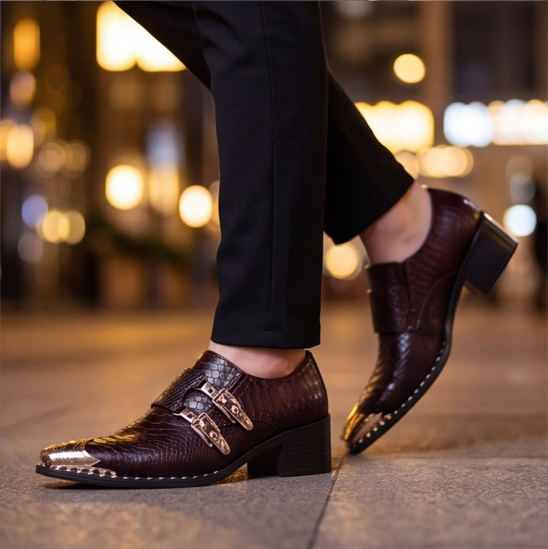 Dark brown loafers with red undertones, glossy reptile texture, gold hardware and black sole. (photo 2)