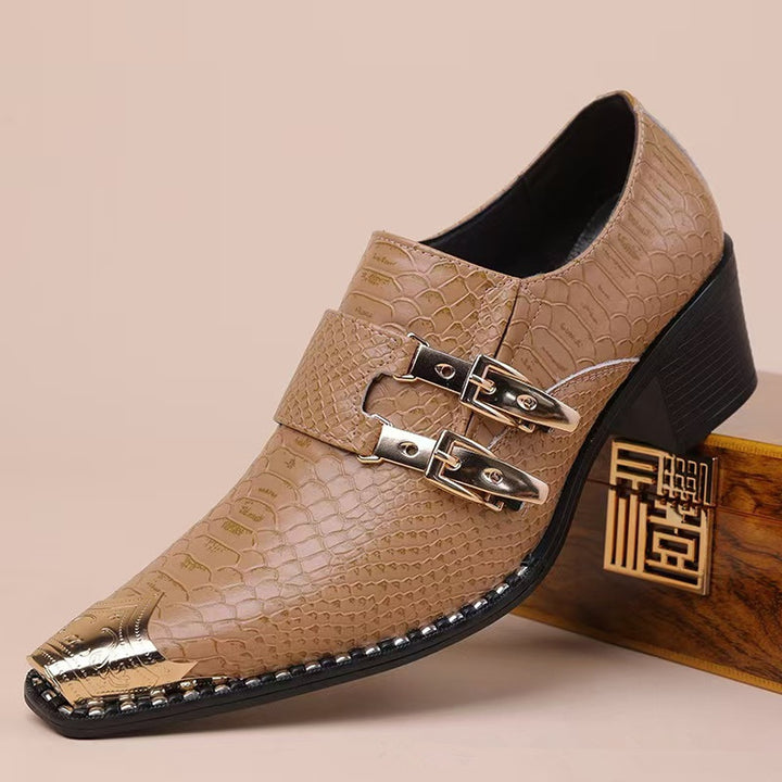 Khaki loafers with glossy reptile scale texture, gold toe cap and black sole.