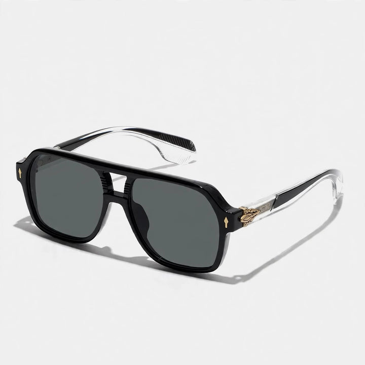 Rectangular sunglasses with a black front, clear temples, and dark gray tinted lenses.