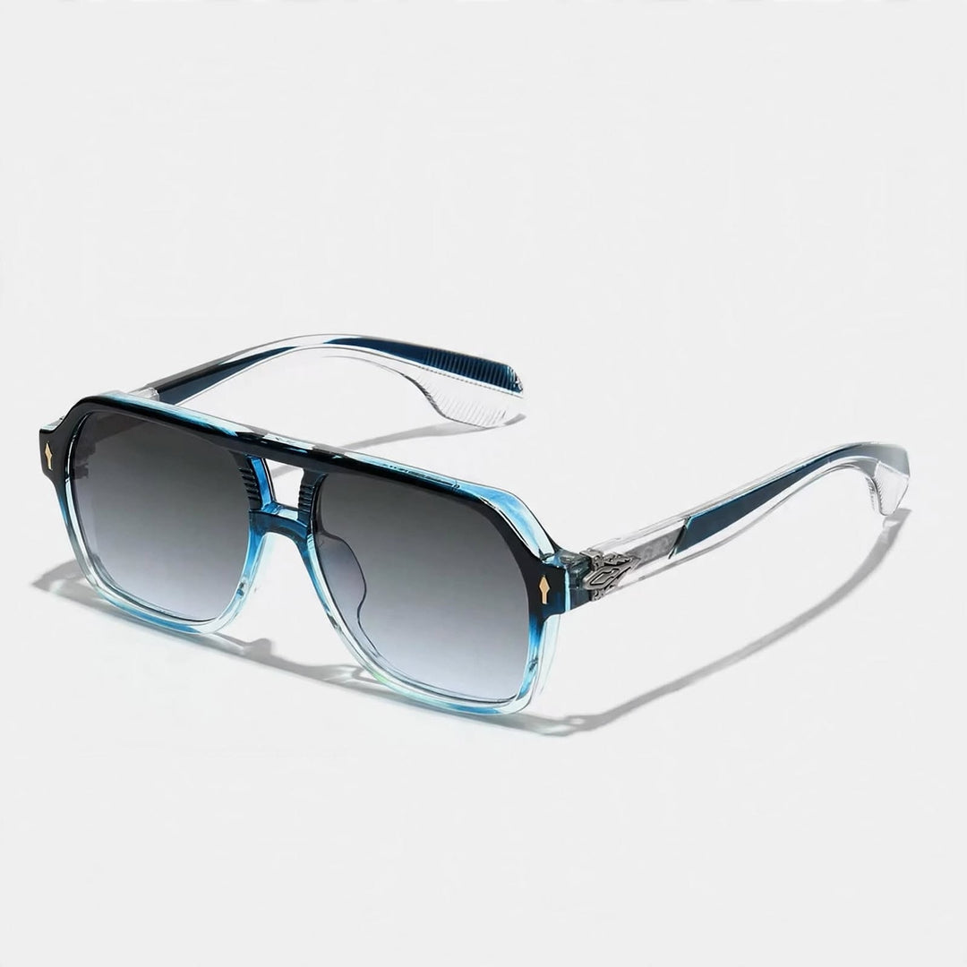Rectangular sunglasses with a clear frame fading from black at the top to light blue at the bottom and gray gradient lenses.