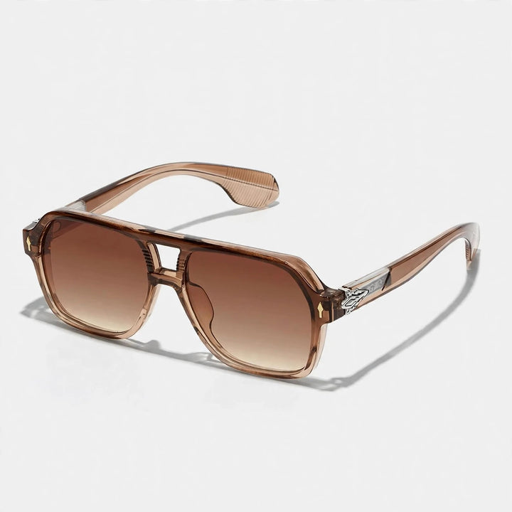Rectangular sunglasses with a brown frame fading from dark to light and brown gradient lenses.