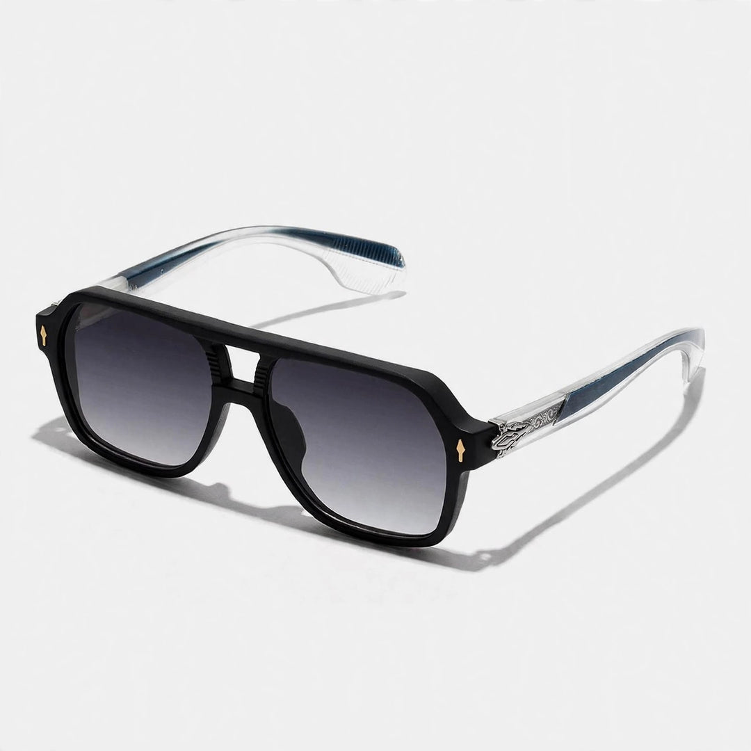 Rectangular sunglasses with a matte black front fading to translucent gray temples and gray gradient lenses.