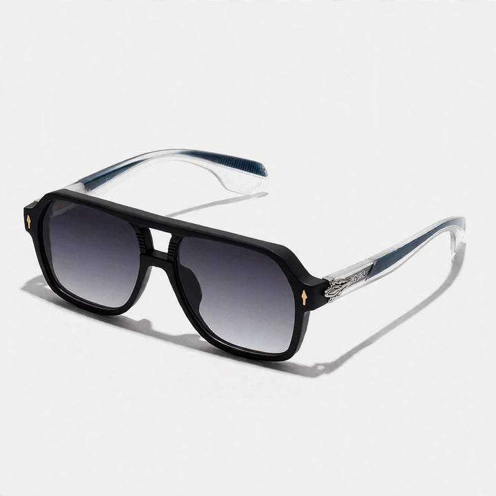 Rectangular sunglasses with a matte black front fading to translucent gray temples and gray gradient lenses.