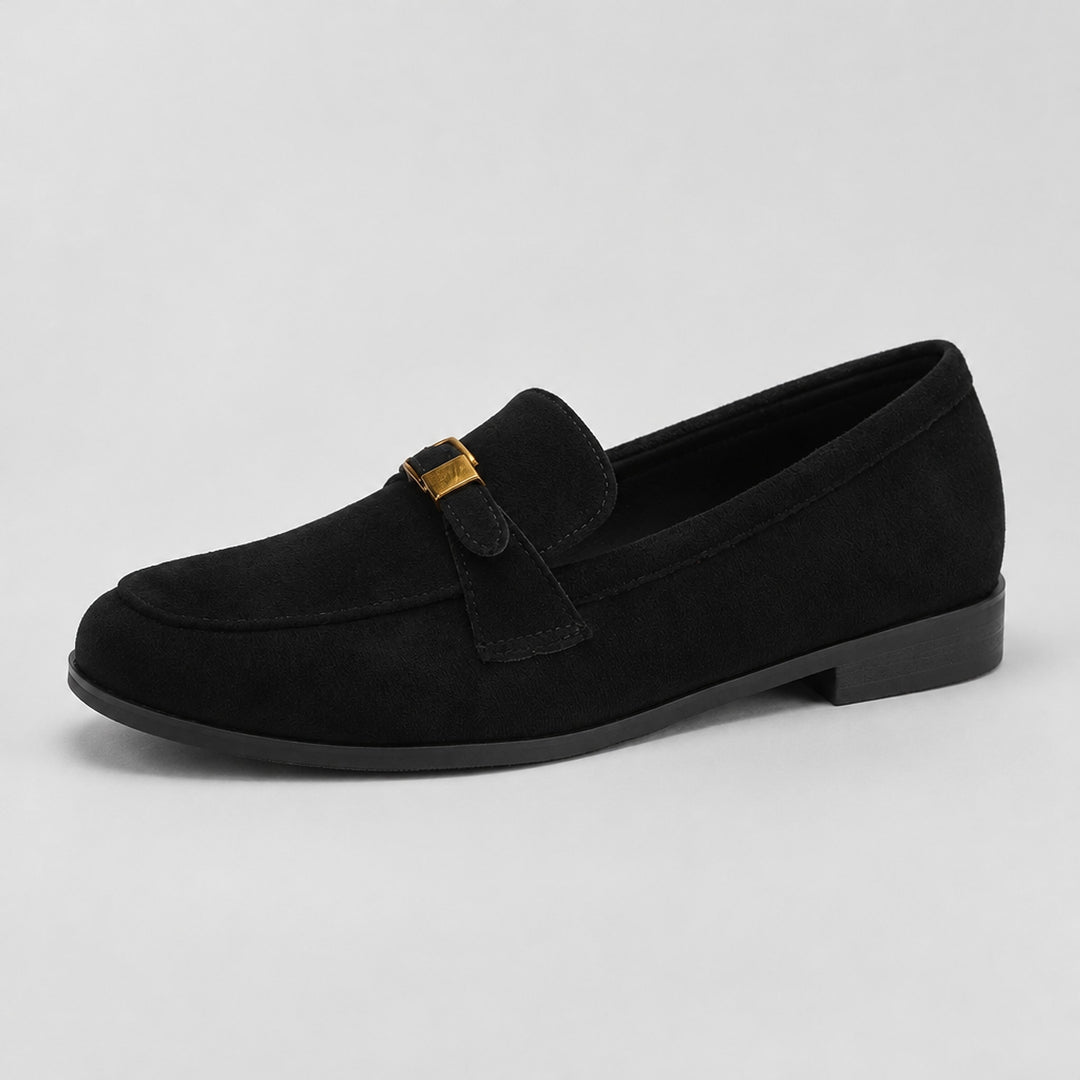 Matte black suede-look loafers with a black sole and gold buckle. (consistent)