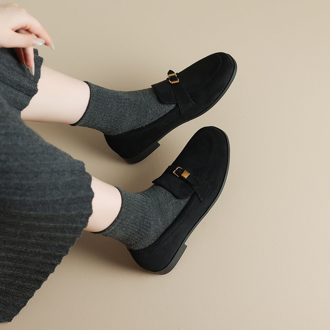 Matte black suede-look loafers with a black sole and gold buckle. (photo 5)