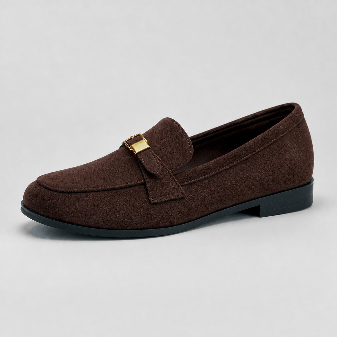 Matte dark brown suede-look loafers with a black sole and gold buckle. (consistent)