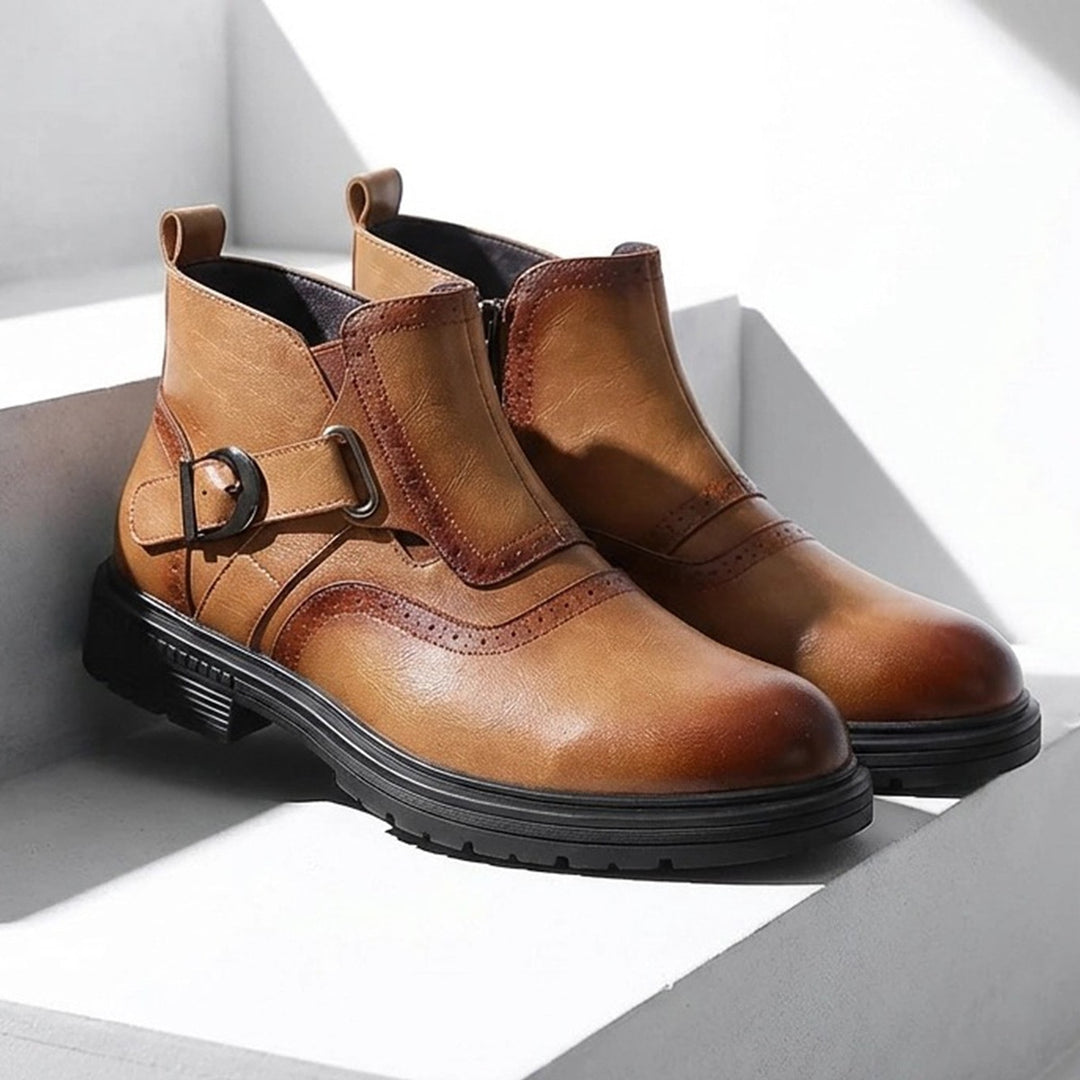 Boot in warm brown leather with a dark brown fade at the toe and strap edges, black sole and gunmetal buckle. (photo 4)